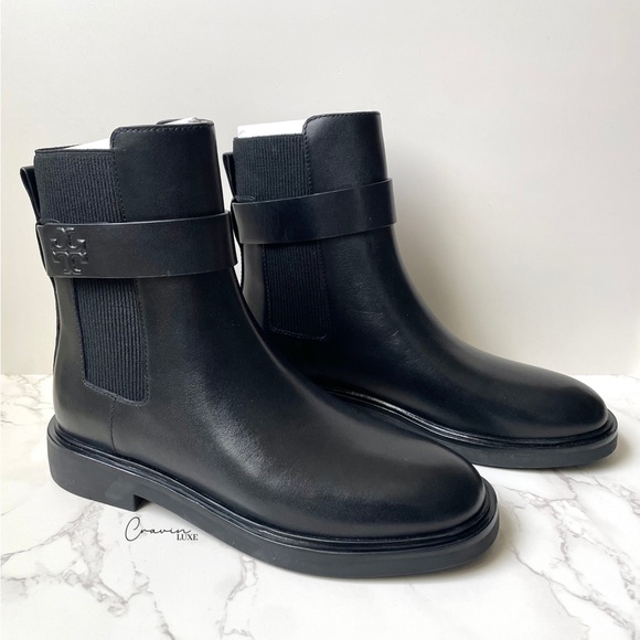 New Tory Burch Leather Double T Chelsea Monogram Ankle Boot Black - Picture 2 of 11